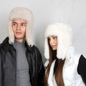 Cream eco-friendly fur hat, Rabbit vegan fur trapper hat, Off white winter hat with earflaps, Fashion gift for mom, Trendy fur headwear 2025