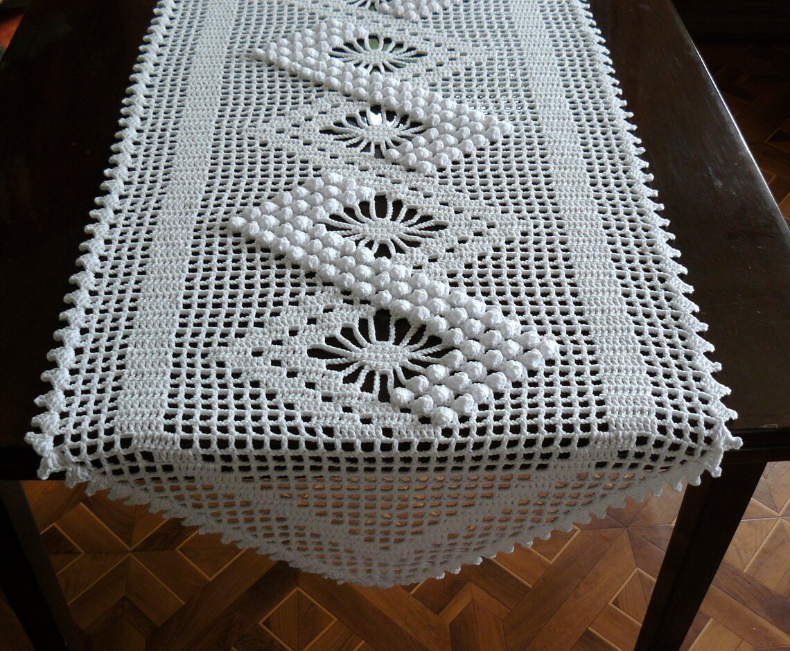 Crochet table runner Lace white table runner Cotton textured Etsy
