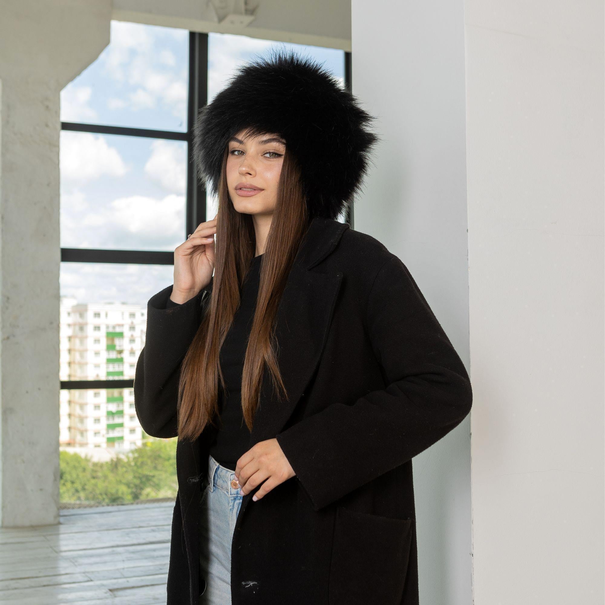 Black Fur Winter Hat Women, Round Faux Fox Fur Hat, Trendy Black