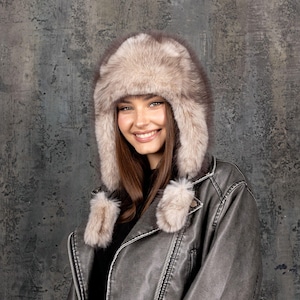 Funny beige Women's Ushanka, Fur headwear with ear flaps, Faux fox fur trapper hat, Cozy bomber hat, Trendy aviator hat, Winter gift for her
