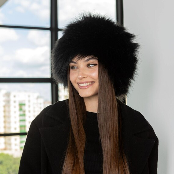 Black Fur Winter Hat Women, Round Faux Fox Fur Hat, Trendy Black - Main Image