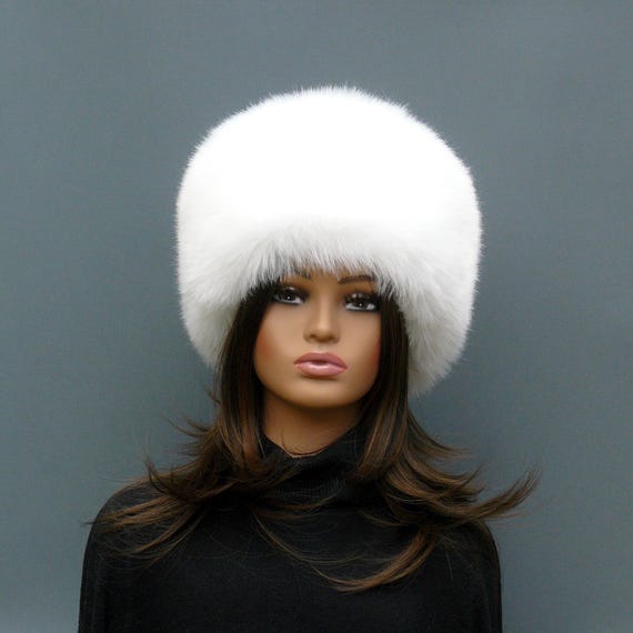 Elegant White Kubanka Hat, Round Faux Fox Fur Women's Hat, Stylish