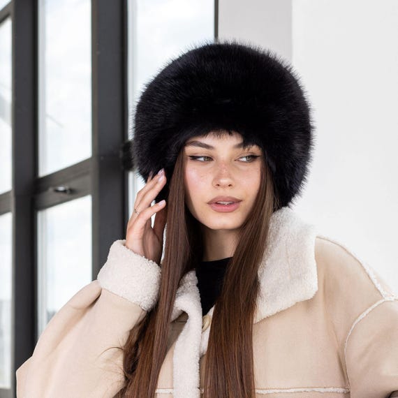 Stylish Black Faux Fur Hat, Cozy Round Eco Fox Fur Hat for 