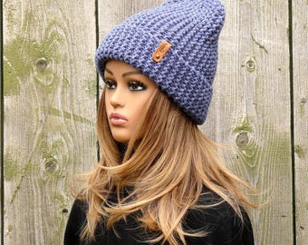 Bonnet bleu en tricot chaud, Bonnet doux fait main pour le printemps, Bonnet tuque en tricot épais, Bonnet souple en laine mélangée pour femme, Cadeau douillet pour tante