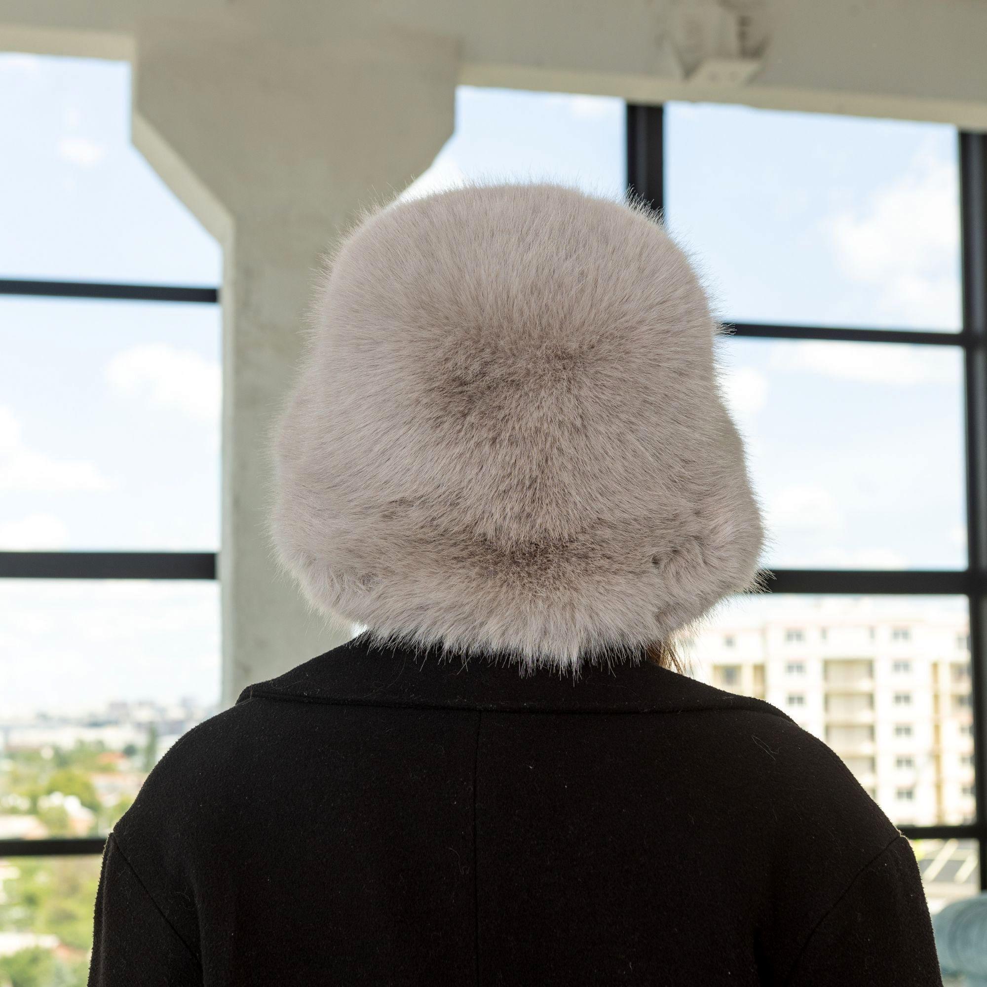 Fuzzy Brown Fur Hat, Vegan Fox Fur Bucket Hat, Winter  display picture 2