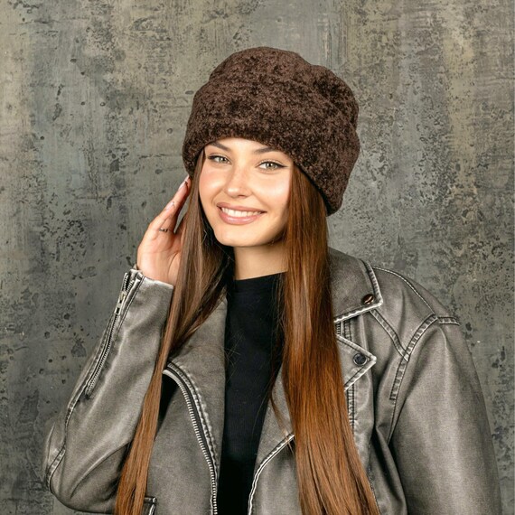 Brown Fluffy Fleece Hat, Textured Fabric Winter Hat With  display picture 1