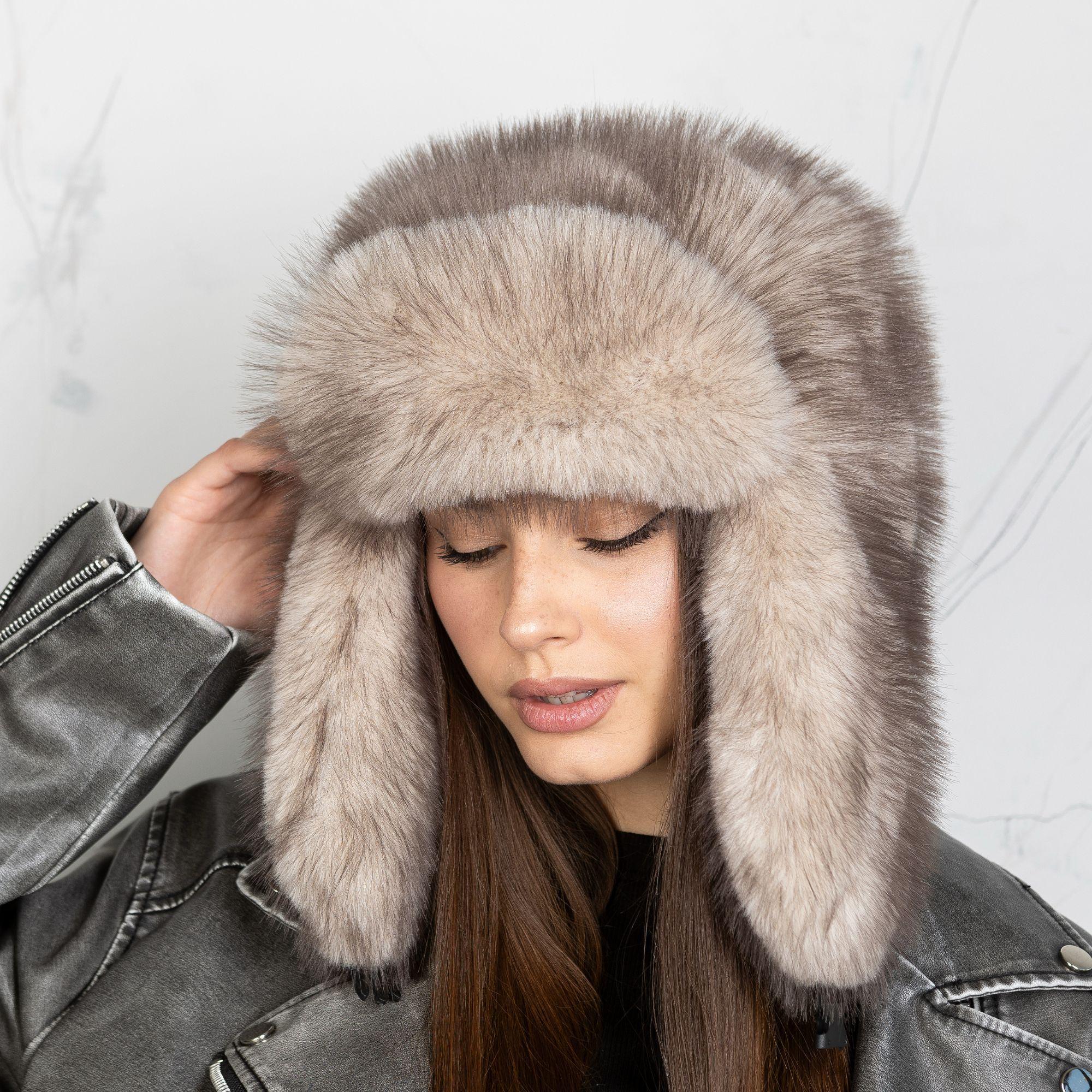 Beige Fox Vegan Fur Ushanka Hat, Stylish Fluffy Headwear  display picture 1
