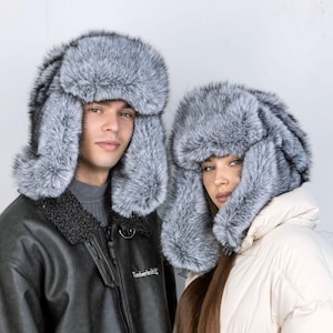 Unisex gray fur Ushanka, Faux fox fur puffer trapper hat, Soft head warmer with earflaps, Trendy silver aviator hat, Winter birthday gift