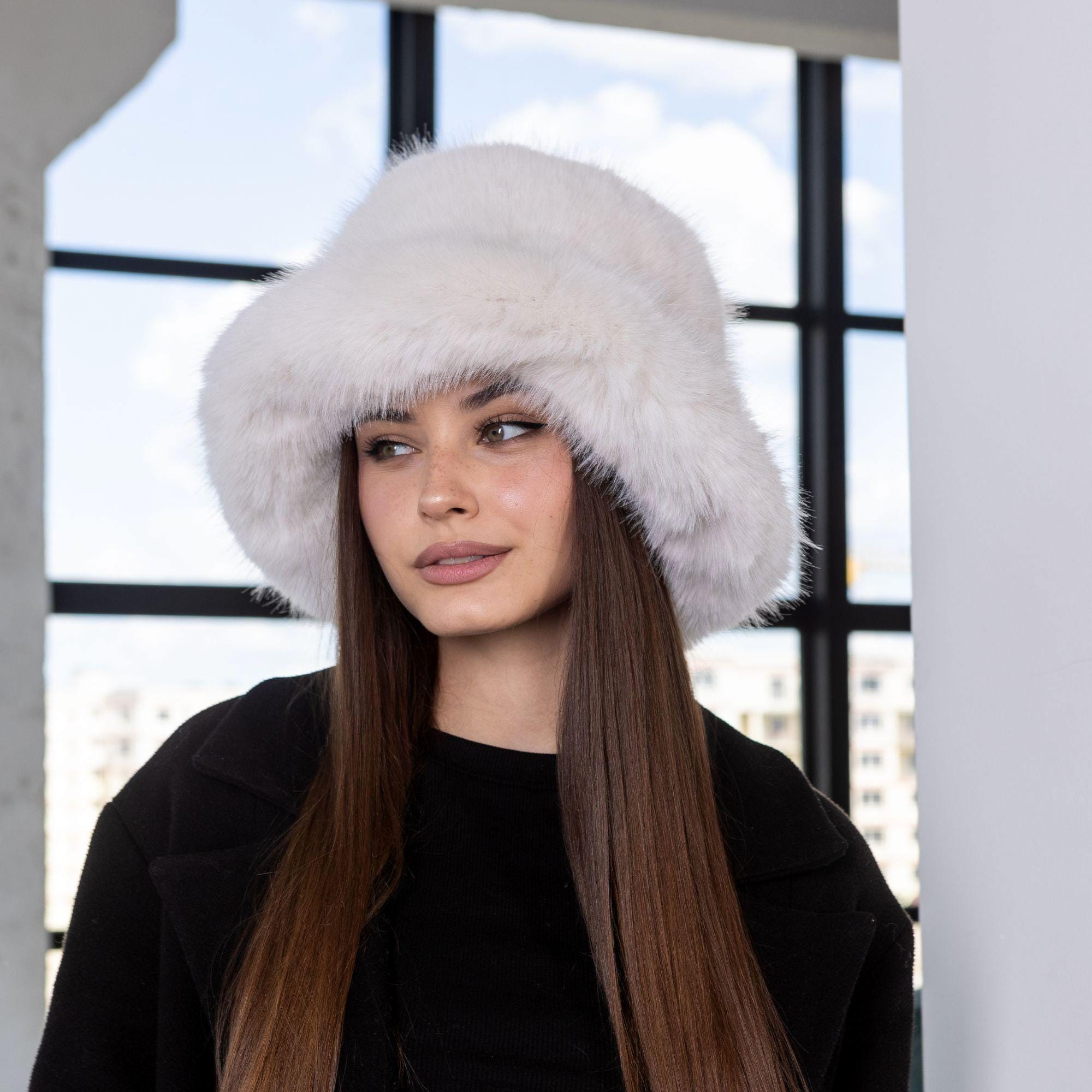 Milky fur hat vegan Fuzzy Brown Fur Hat, Vegan Fox Fur Bucket Hat, Winter  main image 2