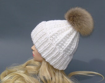 Knit beanie with Raccoon Pompom , Chunky knit hat for women , Wool blend hat with a large pom pom, Christmas gift for her