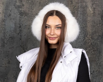 Trendy cream earmuffs with fluffy headband, Off white faux fox fur ear warmers, Girls adjustable earmuffs for spring, Cozy gift for sister