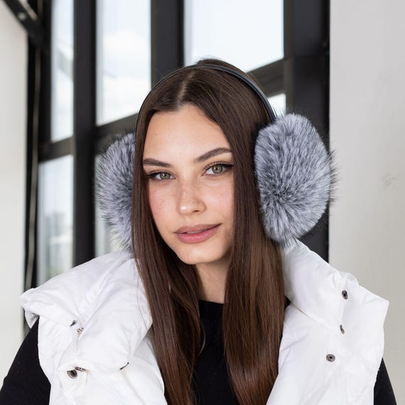Fuzzy Gray Earmuffs, Faux Fur Silver Ear Warmers, Stylish 