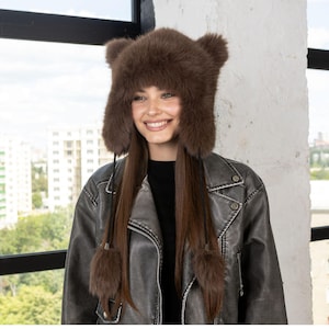 Stylish brown fur hat with extra long ears, Fuzzy faux fur trapper hat, Unique fur Ushanka with tail, Modern winter headwear, Daughter Gift