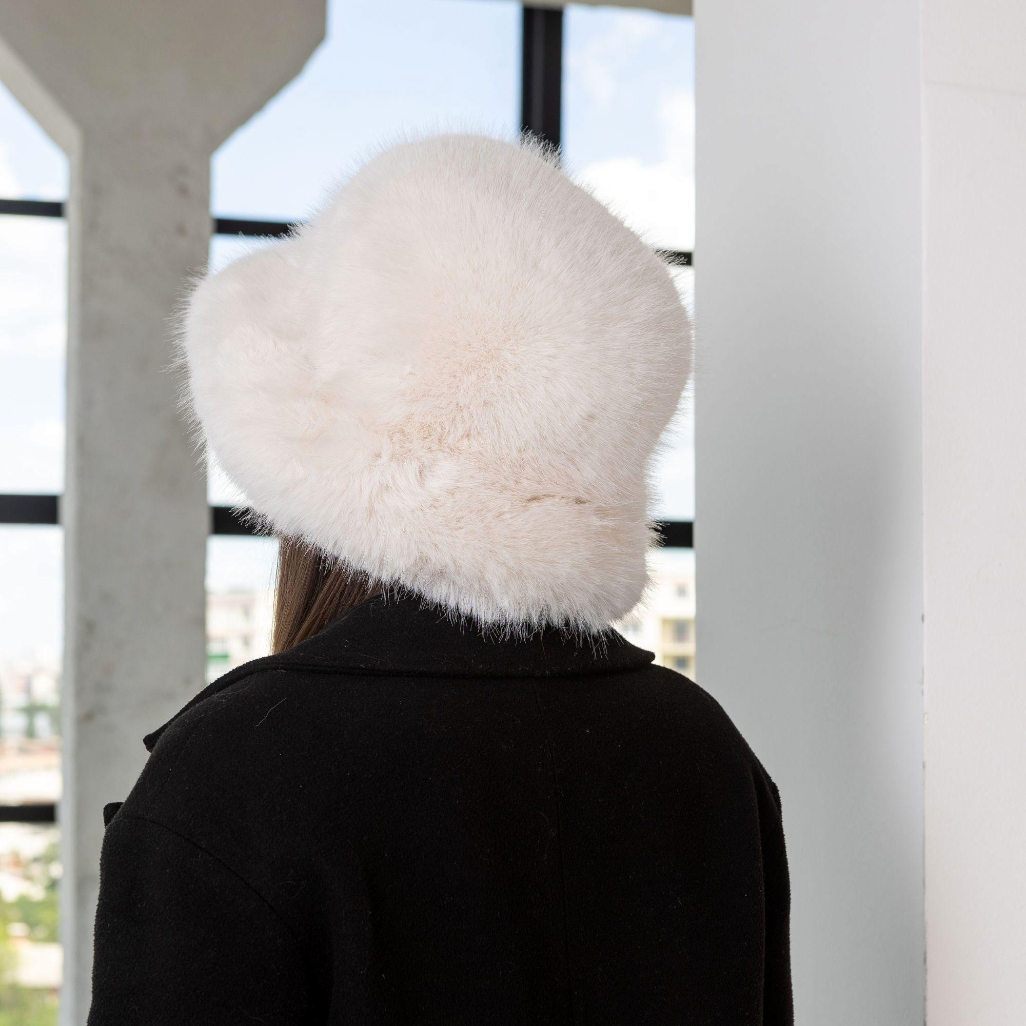 Milky fur hat vegan Fuzzy Brown Fur Hat, Vegan Fox Fur Bucket Hat, Winter  main image 3