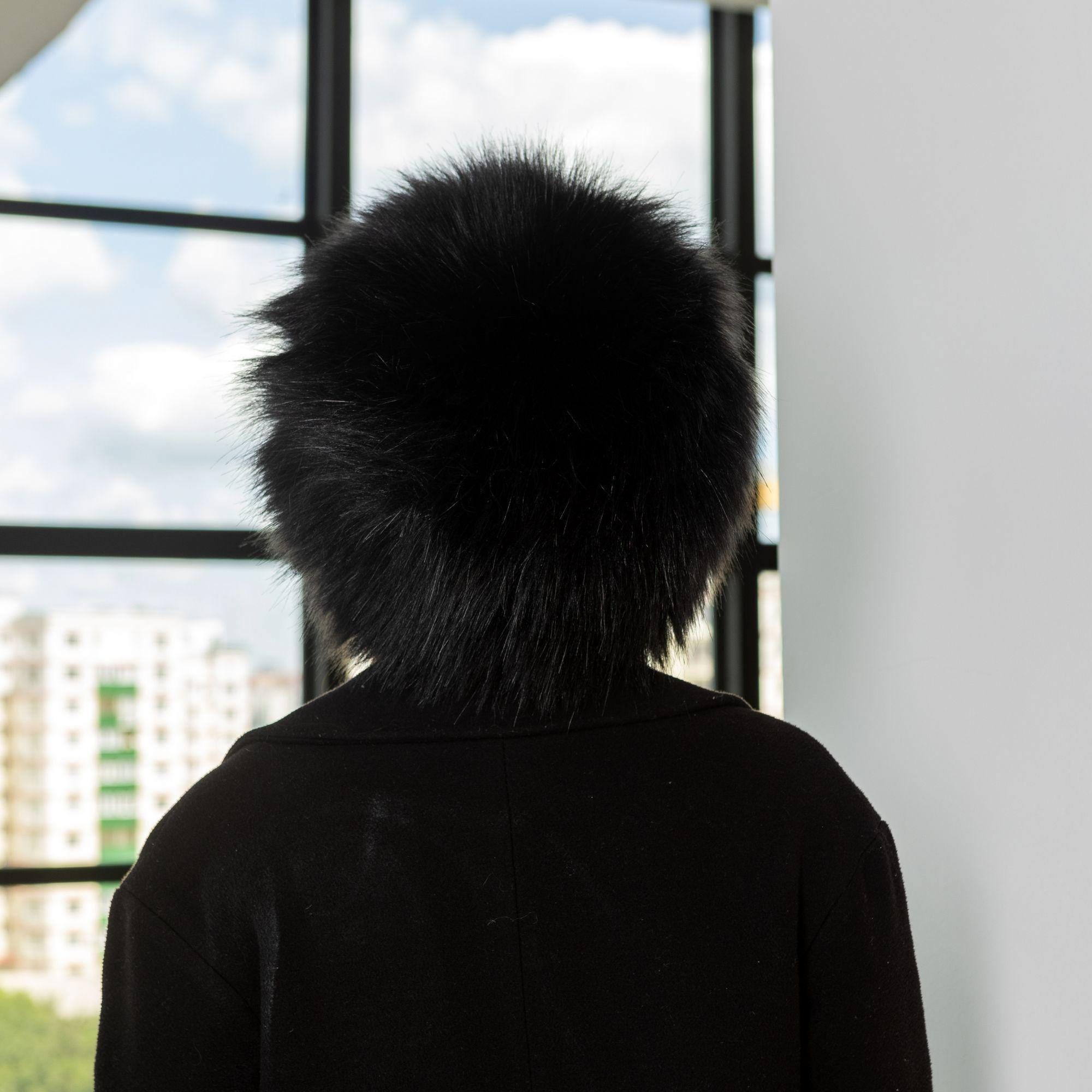 Black Fur Winter Hat Women, Round Faux Fox Fur Hat, Trendy 