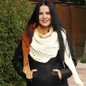 Cream crochet shawl wrap handmade, Boho baktus, Handknitted shoulder shawl women,Knitted crochet scarf wrap, Triangular wool shawl, Mom gift