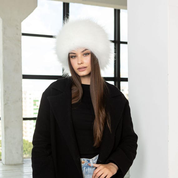 Black Fur Winter Hat Women, Round Faux Fox Fur Hat, Trendy Black