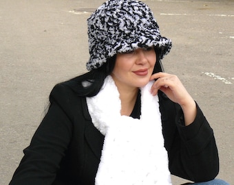 Chapeau bob au crochet pour femmes, chapeau en laine élégant à bord, chapeau à clapet pour femmes printemps, chapeau de pêcheur en tricot noir et blanc, cadeau douillet pour tante