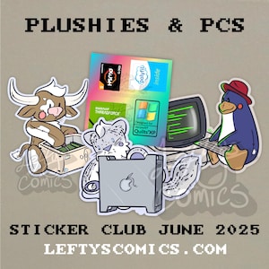 Könnte beinhalten: Eine Sammlung von Aufklebern mit Cartoon-Charakteren und computerbezogenen Grafiken. Die Aufkleber zeigen eine Kuh, einen Pinguin, einen Leoparden und einen Computer. Der Text "PLUSHIES & PCS" und "STICKER CLUB JUNE 2025" sind ebenfalls zu sehen.