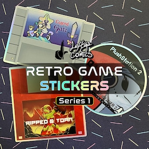May include: A selection of retro game stickers, featuring a cartridge-shaped sticker with "Legend of the Gate" and a circular sticker with "PlushStation 2". The stickers are labelled as "Series 1".