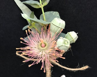 Australian Native Flower Groom Buttonhole Pink Eucalyptus Groom Boutonniere Groomsmen Pinhole Flowers Gum Nuts Eucalyptus Rustic Weddings