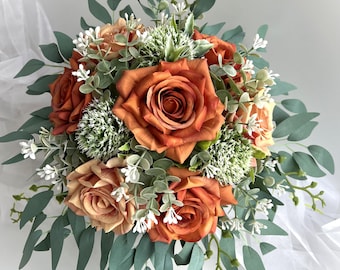 Cascading Wedding Bouquet Bunt Orange Rustic Cottage Rose Weddings Bouquets Eucalyptus Gum Blossom Bridesmaids Wedding Bouquet Rustic Flower