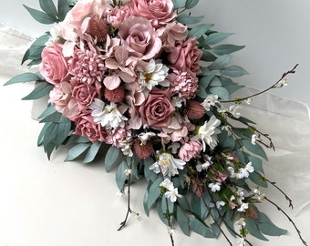 Cascading Wedding Bouquets Cascade Bridal Bouquet Weddings Flowers Dusty Pink Blush Eucalyptus Garden Flower Rustic Blossom Daisy Roses