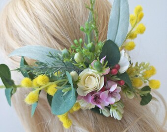 Bridal Hair comb Hair Flowers Australian Native Flower Pink Wax Gum Blossom Eucalyptus Foliage Golden Wattles Berry Rustic Wedding Flowers