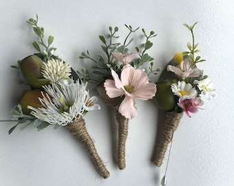 Groom Buttonhole Wedding Boutonniere Groom Groomsmen Wedding Flowers Eucalyptus gum blossom gumnut Wax Flowers Cosmos Buttonholes Pin x 1