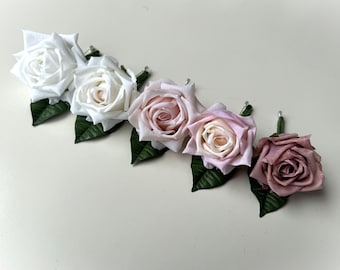 Real Touch Rose Boutonniere: Groom, Groomsmen Pinholes - Blush, Pink, Ivory