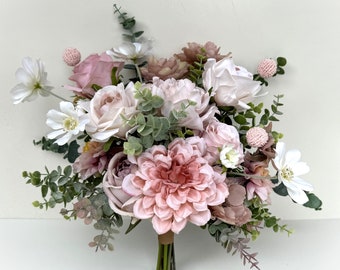 Wedding Bouquet Bridal Bouquets Silk Weddings Flowers Wildflower Summer Faux Silk Artificial Cosmos Dahlia Rose Eucalyptus Flower Bouquet