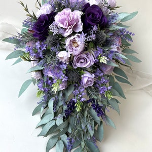 Cascade Wedding bouquet Lavender Bouquet Purple Cascading Bridal Bouquet lilac Wedding Bouquets Eucalyptus Rose Bridesmaids Buttonholes