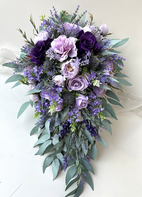 Blue and purple cascading bouquet with butterflies – The Bridal Flower –  silk and real touch wedding bouquets