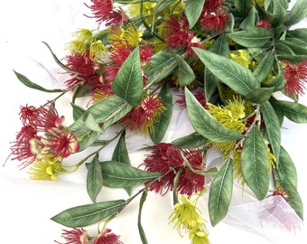 Eucalyptus Red Yellow Green Gum Blossom Flower Stem Faux Silk Flowers Golden Gum Blossom Flowers DIY Arrangements 110 cm High Floral Stems