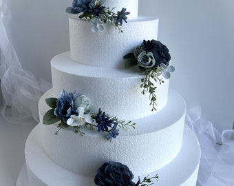 Wedding Cake Topper Flowers Dusty Blue Flower Cake Toppers Navy Blue Pale Bule Dusty Greenery Cake Flower Arrangements Faux Silk Cake Topper