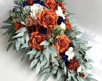Cascading Wedding Bouquets Bunt Orange Navy Blue Ivory Dusty Orange Eucalyptus Cascade Bridal Weddings Bridesmaids Buttonhole Rustic Flowers