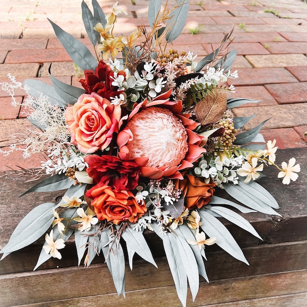 Wedding Bouquet Bunt Orange King Protea Real Touch Roses Eucalyptus Rustic Bridal Bouquets Faux Silk Weddings Australian Native Flowers