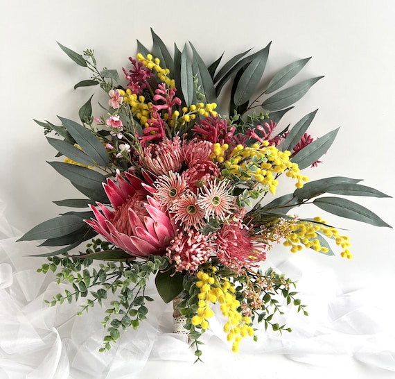 Australian Native Flower Bridal Bouquet: King Protea, Wattle