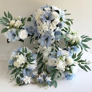 Blue Bouquet Cascading Wedding Bouquets Faux Silk Bridal Cascade Blue Lily pale Blue Flowers White Rose Bouquet Buttonhole Cake Flowers