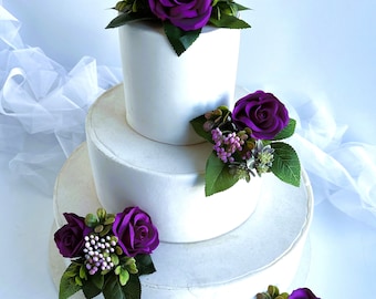 Wedding Cake Topper Flowers Purple Rose Weddings Cakes Toppers Faux Silk Wedding Flower Berry Cake Topper Arrangement Artificial Flowers Set