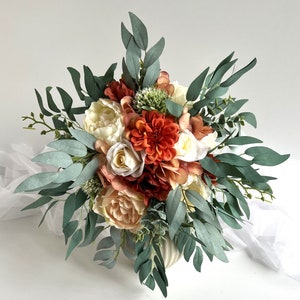 Burnt Orange Bouquet Falls Autumn Colour Eucalyptus Bridesmaids Wedding Bouquets Rust Orange Beige Ivory Maids Bridal Flower Weddings image 2