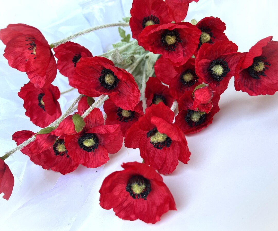 Red Poppy Flower Stem Faux Silk Artificial Red Poppies Spray Etsy