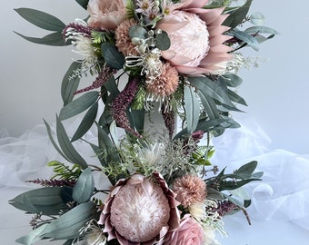 Australian Native Flower Wedding Bouquet Dusty Pink King Protea Eucalyptus Bridal Weddings Bouquets Groom Buttonhole Rustic Boho Bouquet Set