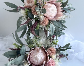 King Protea Wedding Bouquet: Dusty Pink Eucalyptus, Boho Bridal Set
