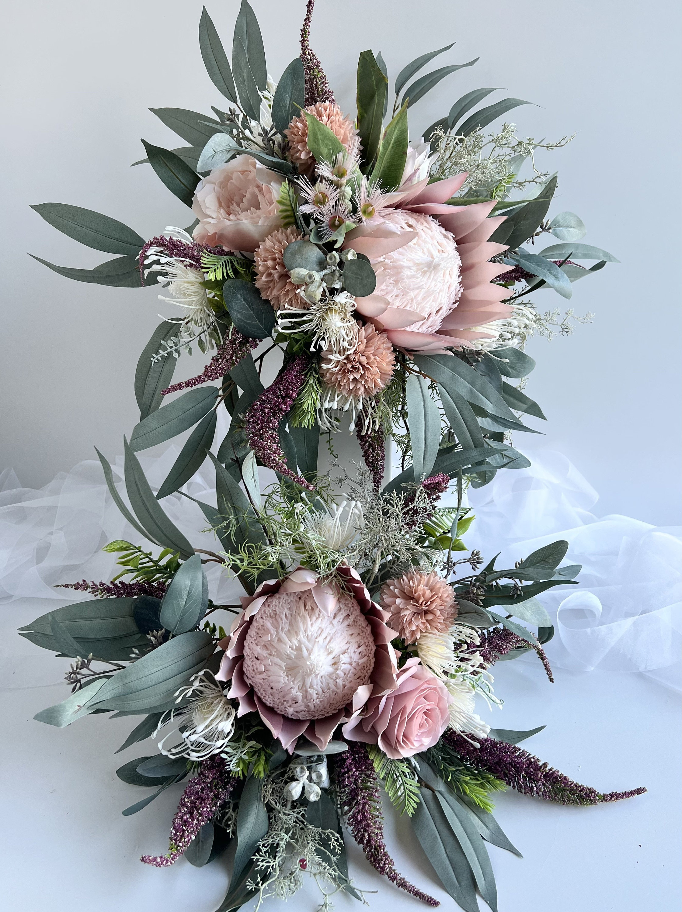 King Protea Wedding Bouquet: Dusty Pink Eucalyptus, Boho Bridal Set