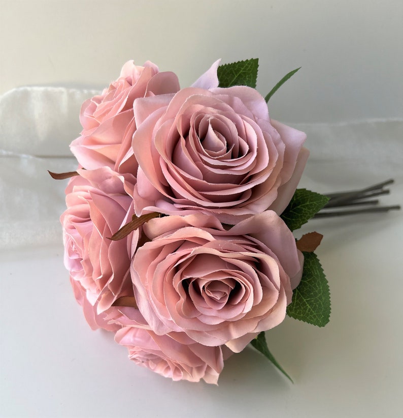 Dusty pink rose bouquet artificial silk flower rustic roses pre made flower bunch wedding flowers DIY bridal bouquet arrangement image 2