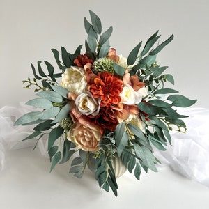 Burnt Orange Bouquet Falls Autumn Colour Eucalyptus Bridesmaids Wedding Bouquets Rust Orange Beige Ivory Maids Bridal Flower Weddings image 4