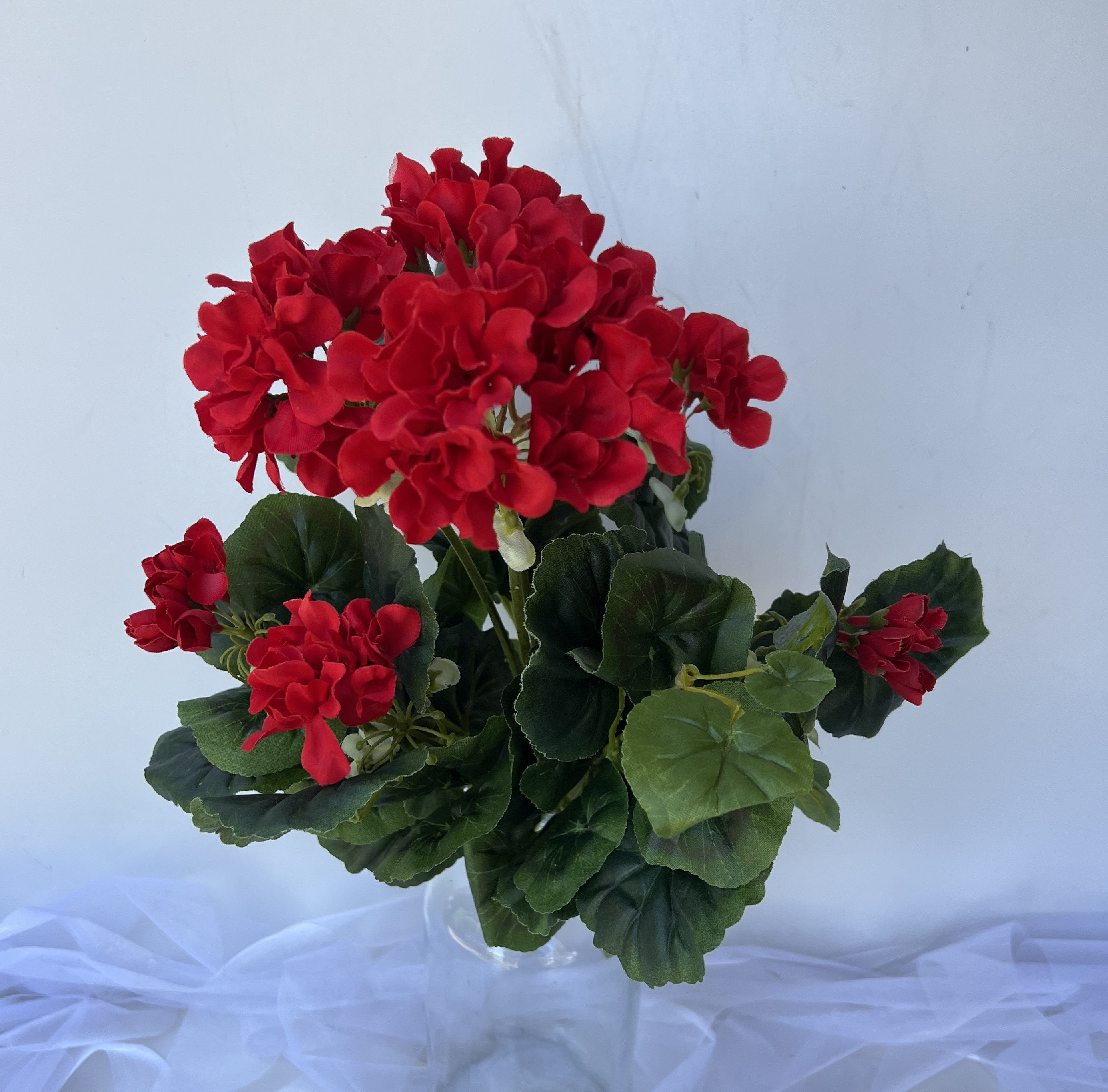 Artificial Red Geranium Bush - 40cm Faux Silk Plant