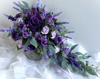 Purple Teardrop Wedding Bouquet: Lavender, Lilac & White Ribbons