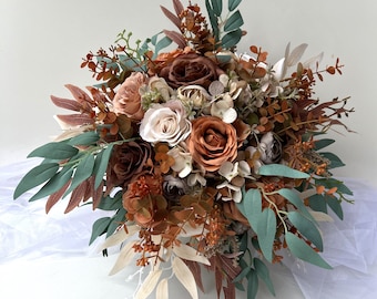 Wedding Bouquet Bunt Orange Rust Brown Beige Eucalyptus Gum Bridal Weddings Bouquets Boho Rustic Style Flower Bouquet Faux Silk Flowers